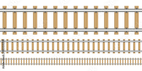 A straight on, top down view of train tracks. Three different sizes of railroad tracks are shown, with the tracks getting smaller with distance. 
