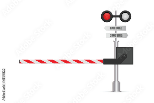 A railroad crossing signal displaying a red light. A barrier arm, painted with red and white stripes, is in place, indicating that the crossing is not safe to proceed.