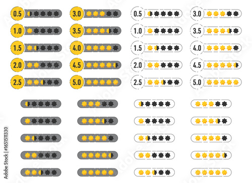 An array of star rating scales showing varied levels of customer satisfaction or feedback, from 0.5 to 5.0, displayed against a plain background.