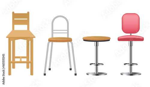 This image showcases four distinct chair designs.  From a simple wooden chair to a steel framed chair, and two different barstool variations, each chair presents a unique aesthetic.