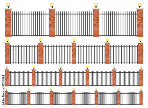Multiple rows of decorative fencing.  Each fence is built with brick columns and wrought iron bars.  Some columns are topped with lights. Isolated against a white background.