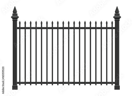 A black iron fence stands starkly against a plain white backdrop. The fence features evenly spaced, spear-topped pickets for security and defined property boundary.