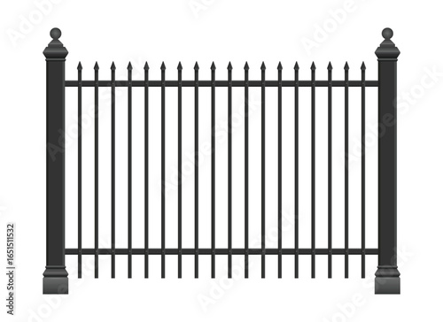 A section of a black metal fence features pointed vertical bars and decorative posts. The fence is isolated against a white backdrop, emphasizing its design.  Security barrier.