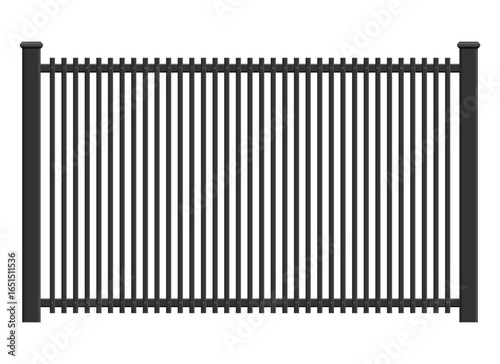 The image depicts a section of a black metal fence against a white background. It is constructed with vertical bars evenly spaced between horizontal supports creating a boundary.