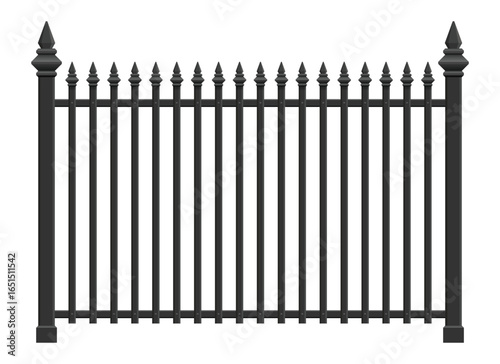A symmetrically designed  black iron fence against a white backdrop. It features vertical bars topped with spear-shaped finials between decorative posts on either end.