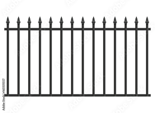 A section of a classic, wrought-iron style fence against a plain white background. The fence is constructed of black metal, with spear-shaped finials atop each vertical bar.