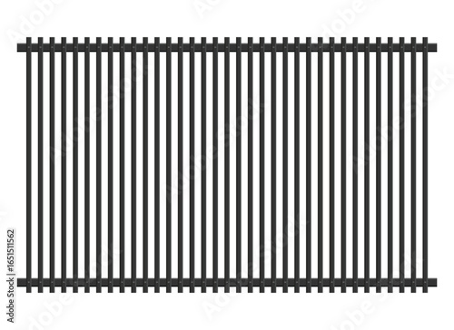 A stark black fence made of vertical metal rods and horizontal supports, isolated against a white background. The design features evenly spaced, parallel lines.