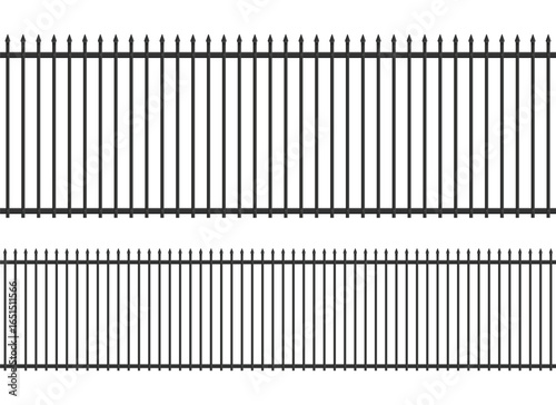 Illustration of a black wrought iron fence against a white background. The fence is constructed with vertical bars and spear-pointed tops, creating a secure property boundary.