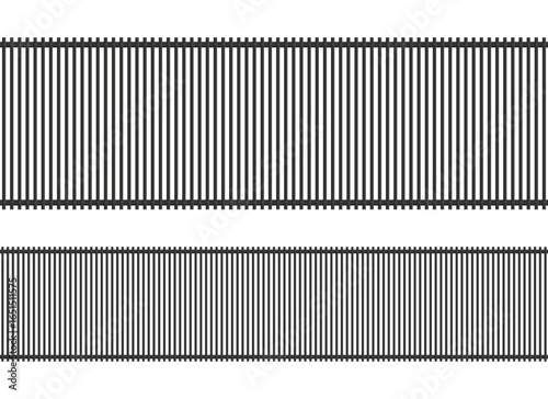 Two rows of parallel dark metal fences on a white background. The fence is built using a pattern of vertical bars connected at the top and bottom.