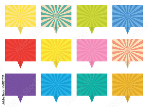 A set of twelve colorful retro-style speech bubbles with burst patterns. Each bubble has a different color and striped pattern, offering a variety of visual options.