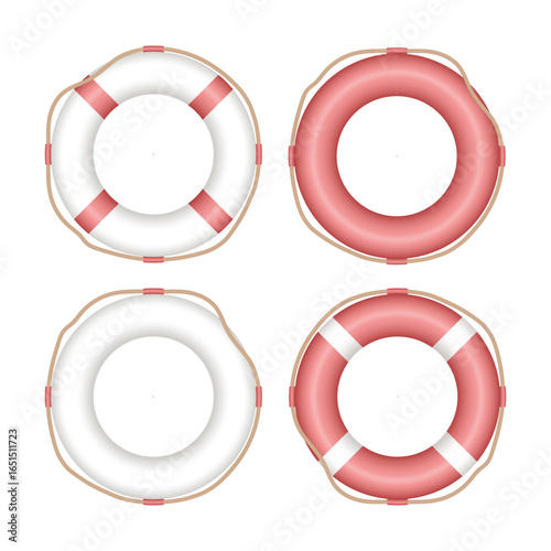 The image presents four life preservers on a white background. They include white with red stripes, solid red, and solid white designs, all ready for water rescue.