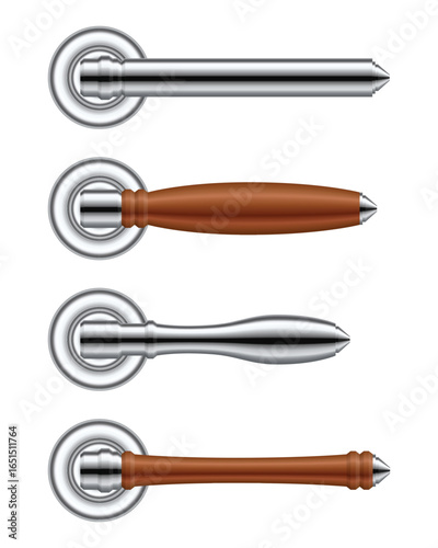 Four door handles are displayed against a white background. The handles are modern, sleek, and made from materials like wood and metal, offering stylish and functional designs.