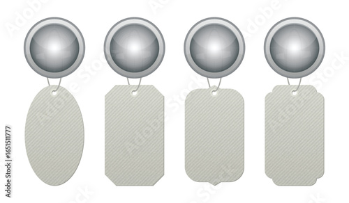 A clean shot showcases four distinct tags suspended from metal fixtures against a white background. Each tag features a slightly textured surface. The tags vary in shapes.