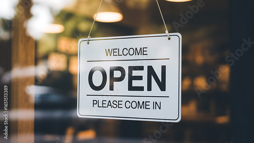 Open sign hanging on shop window with blurred background store business