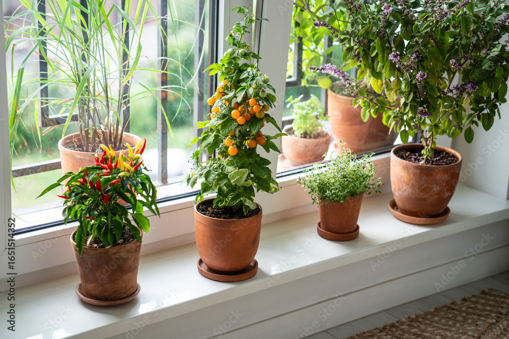 Φωτογραφία Blooming Thai basil, yellow tomato cherry, red hot chili pepper, thyme plant in clay pots on windowsill at home, lemongrass outside the window