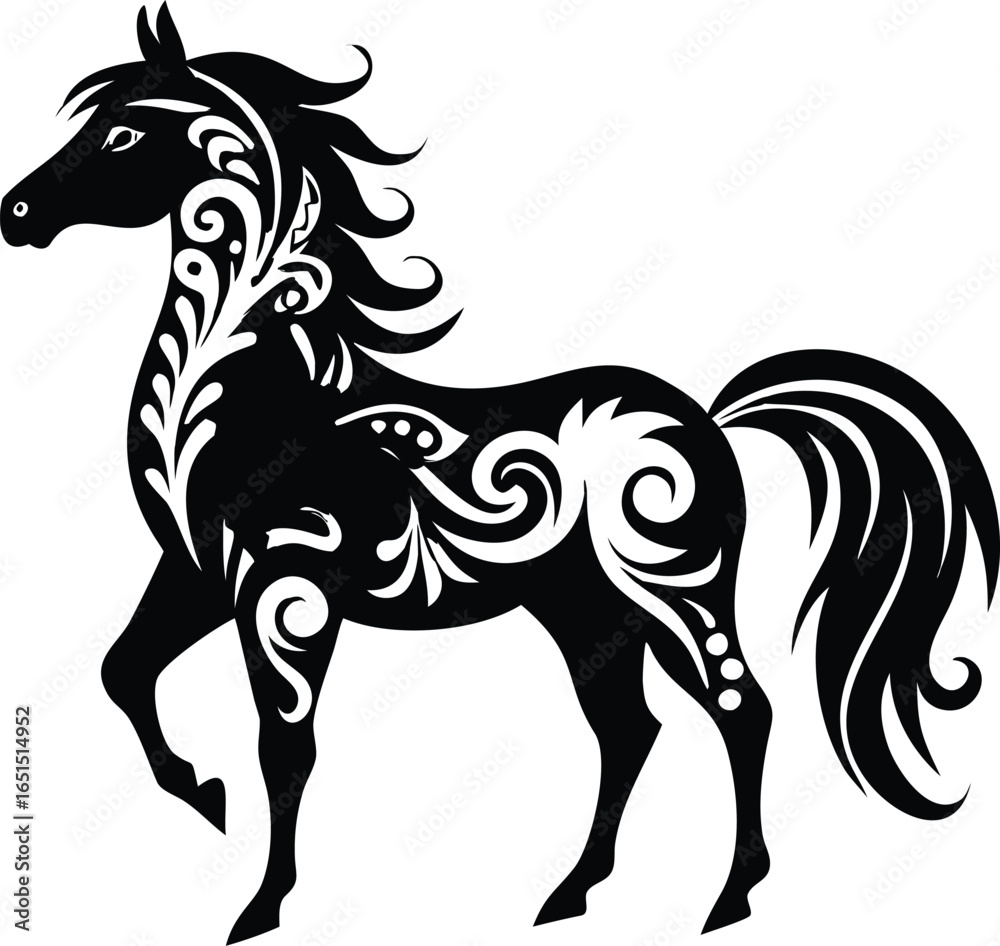 Fototapeta premium Elegant Black Horse Silhouette with Intricate White Swirls and Floral Patterns