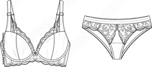 Lingerie technical flat sketch, bra and panty set, floral lace design, underwire bra, seamless panty, vector fashion CAD drawing