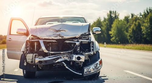 Damaged Car on Highway with Open Door After Accident