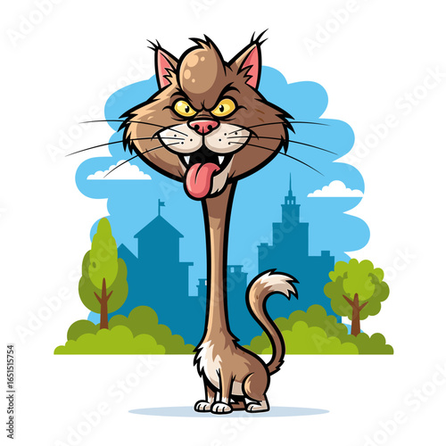 Cartoon cat with long neck sticking its tongue out in a city background