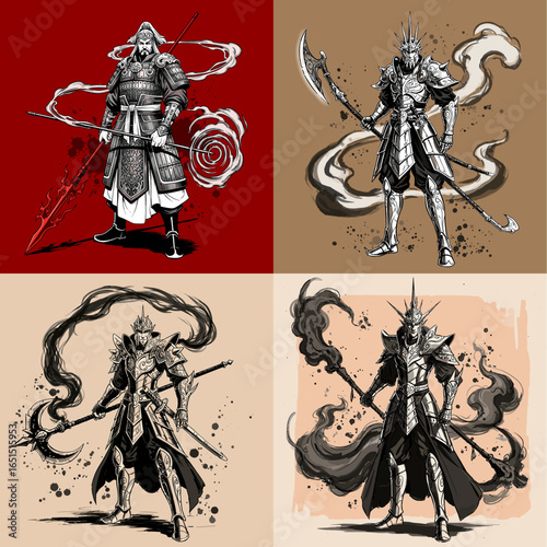 Four panels showing warriors with weapons and smoky effects around them