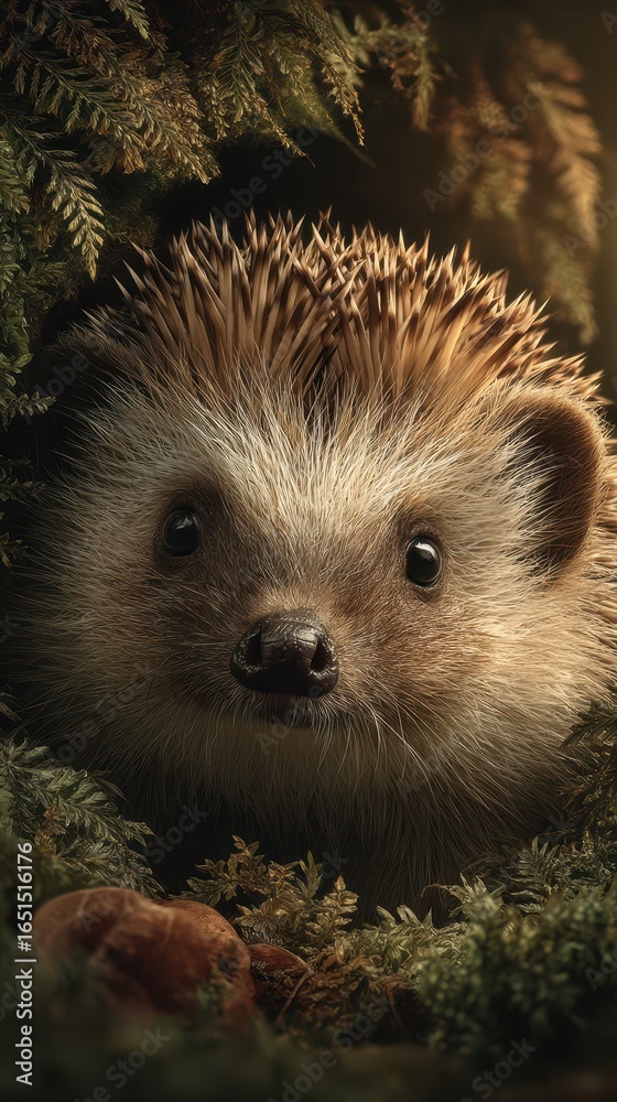 Fototapeta premium Hedgehog peeking out from foliage during twilight in a serene forest setting
