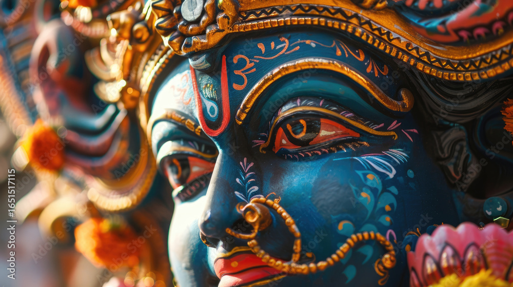 Naklejka premium A close-up of a colorful idol representing a deity, adorned with intricate jewelry and vibrant decorations, symbolizing the Dussehra holiday