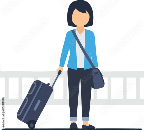 Vector illustration of a modern woman with a rolling suitcase and shoulder bag, concept of solo travel, vacation, or business trip