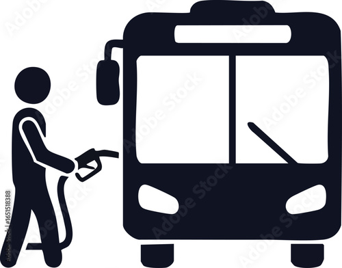 Silhouette of a person fueling a bus with a gas pump, symbolizing transportation and energy