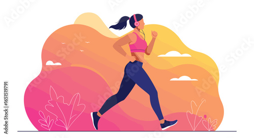 Woman jogging with headphones against colorful background