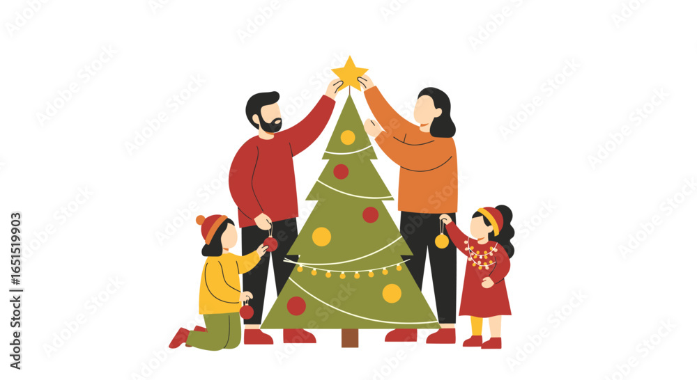 Obraz premium A family decorating a christmas tree with ornaments and star