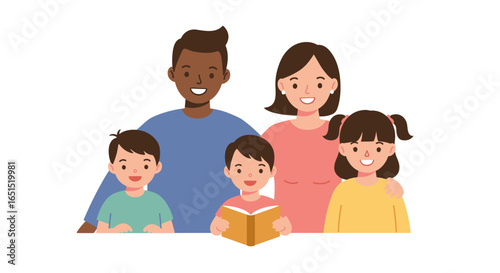 Illustration of a happy family with three young children