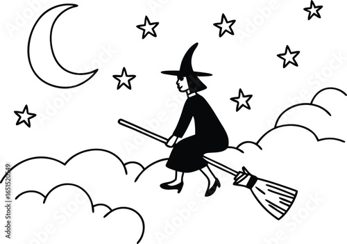 A black silhouette of a woman witch on a broom with floral decoration, flying over a tree branch
