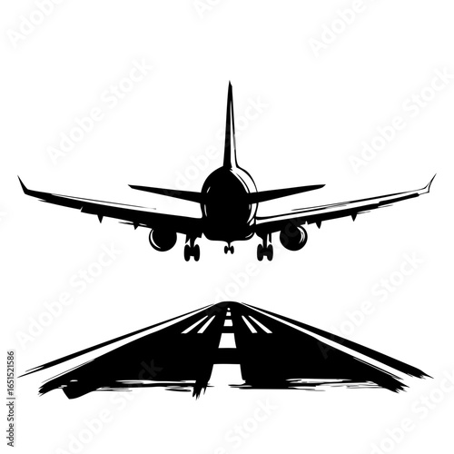 Passenger airplane making a landing approach with landing gear down over a runway. Travel, aviation, and airport concept. Vector illustration for sticker, logo, icon, symbol