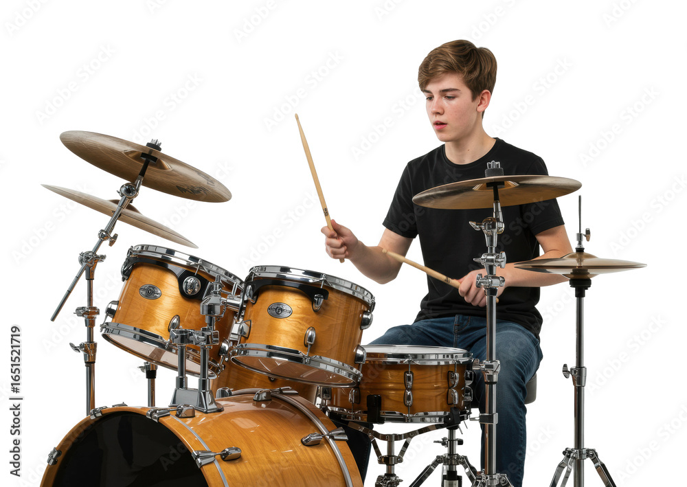 Fototapeta premium Energetic young drummer performing in studio music session indoor passion for rhythm isolated on transparent background