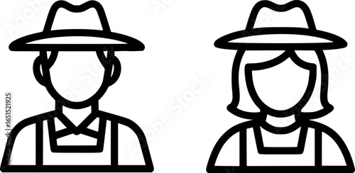 farmers, man and woman in hats, set of icons, isolated silhouettes on transparent background
