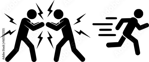 people fighting icon, conflict, fight, sticks figure human silhouette, stickman running away, set of pictograms
