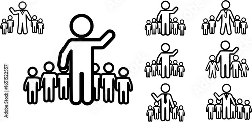 stickman icon set, leader of group of people, isolated pictogram of human silhouettes
