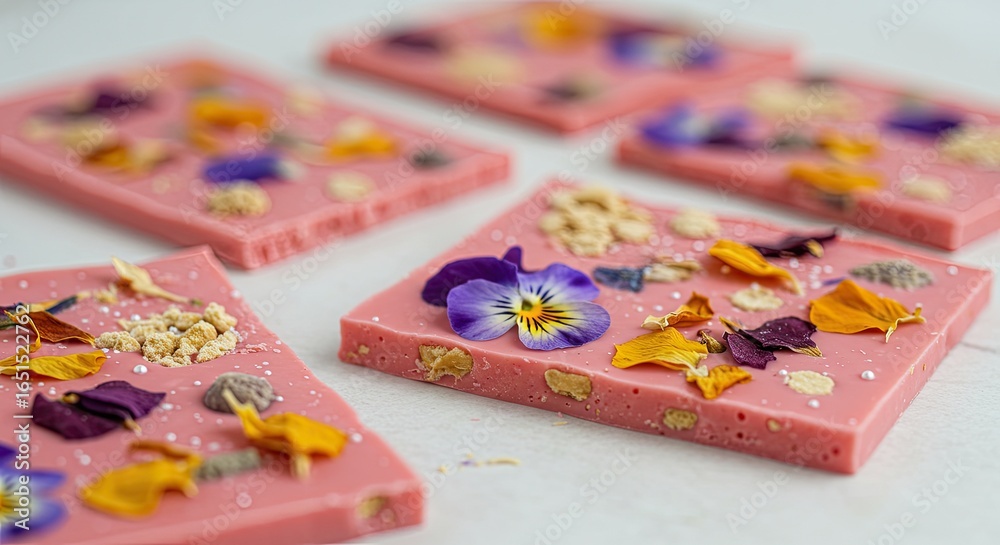 Fototapeta premium Pink Chocolate Bars Decorated with Edible Flowers and Crunchy Toppings.