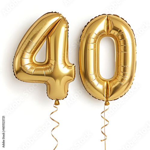 Two gold foil balloons shaped like the number forty with ribbons against a white background studio shot