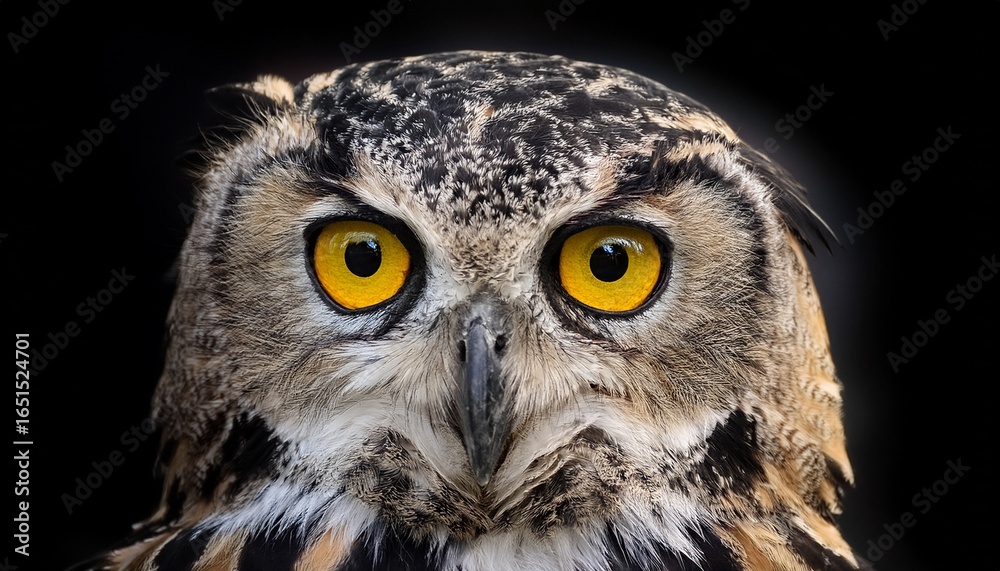 Obraz premium a close up of an owl with yellow eyes on a black background