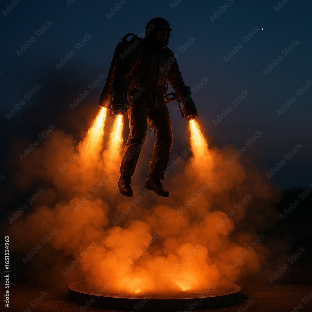 Obraz premium Silhouetted figure hovering above fiery smoke with jetpack at sunset