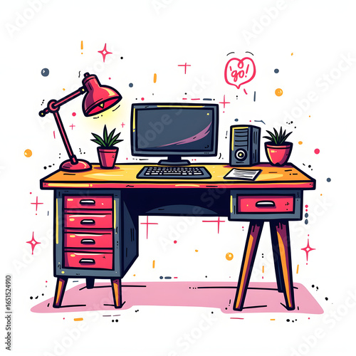 Modern computer desk workspace for creative work.