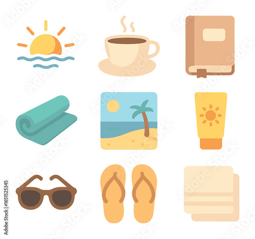 Beach Morning Icons. Flat icon set of beach morning routine: sunrise, coffee cup, journal, yoga mat, beach