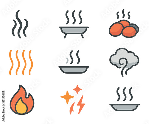 Smoke and Heat Icons. Flat icon set of smoke and heat symbols: rising smoke, grill steam, red-hot coal,
