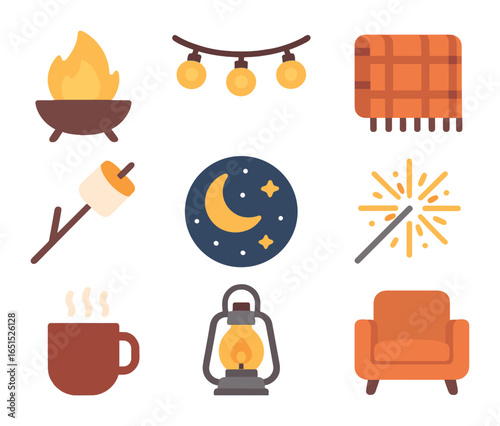 Late Night BBQ Icons. Flat icon set of late night BBQ: fire pit, string lights, blanket, grilled marshmallow,
