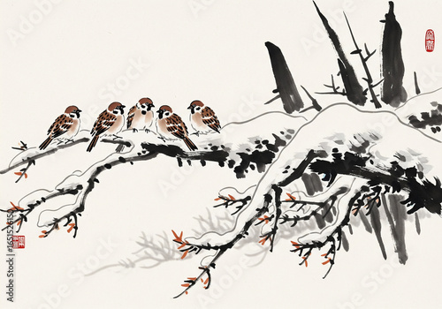 눈 덮인 가지 위의 참새 떼