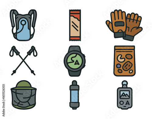 Trekking Gear Icons. Flat icon set of trekking accessories: hydration pack, energy bar, climbing gloves,