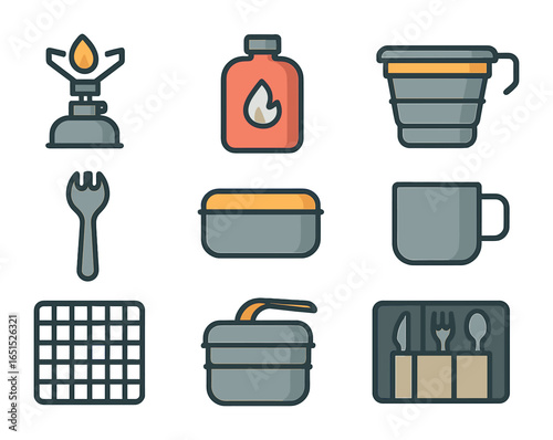 Camping Gear Icons. Flat icon set of outdoor cooking gear: portable stove, fuel canister, collapsible pot,