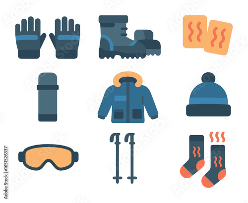Winter Gear Icons. Flat icon set of winter travel gear: insulated gloves, snow boots, hand warmers, thermal