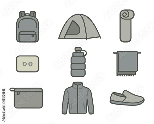 Minimalist Travel Gear Icons. Flat icon set of minimalist travel gear: compact backpack, ultralight tent, roll
